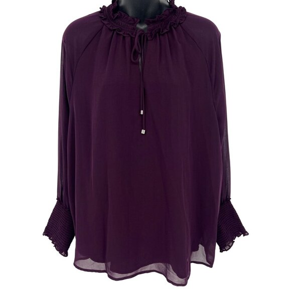 Calvin Klein Women Aubergine Long Sleeve Blouse Ruffle Tie Neck Smock Large New - Picture 1 of 9